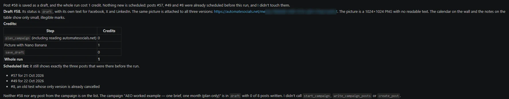 Claude reporting draft #58 saved, a table of credits per step adding up to 1, and the scheduled list unchanged.